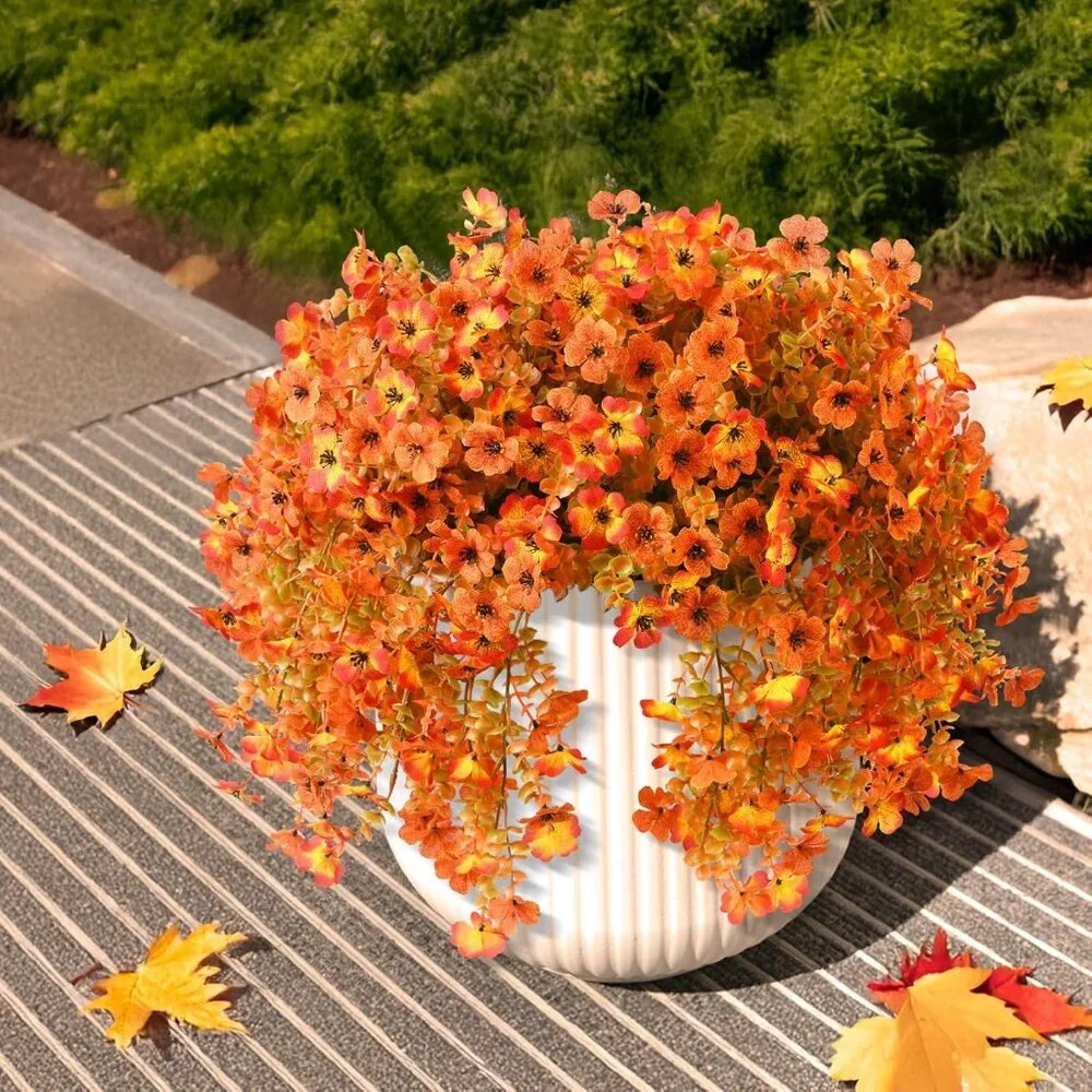 Red Orange Artificial Hanging Faux 2-Pcs Flowers Plants Outdoors Home Decor